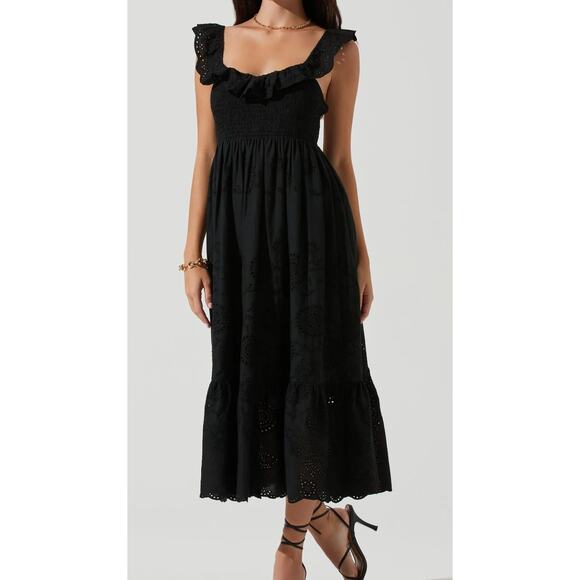 NWT: ASTR The Label - Women's Black Cottage Eyelet,  Ruffle Midi Dress (size S) - Picture 1 of 6